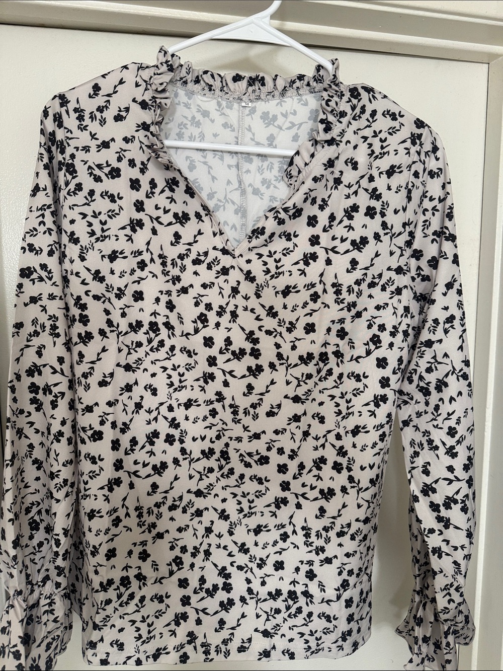 Cream Floral Ruffle Neck Blouse with Black Print